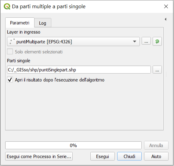 Lo strumento Da parti multiple a parti singole di QGIS per trasformare elementi multipart in elementi singlepart