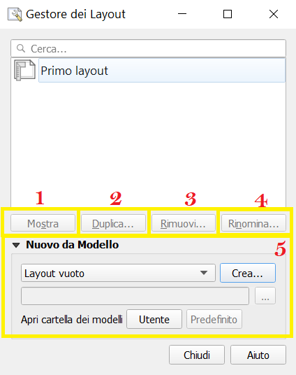 Gestore dei layout: finestra dalla quale aprire, duplicare, eliminare e rinominare i tuoi layout
