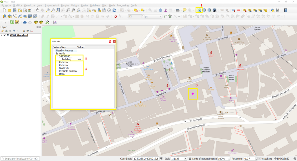 Interrogazione della cartografia OSM con il plugin OSMinfo