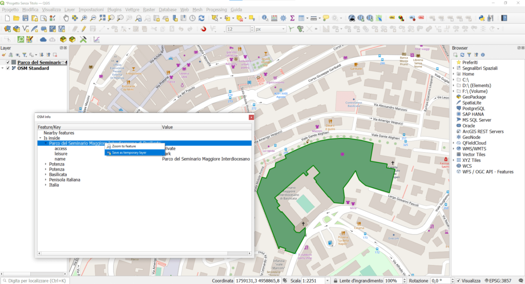 Interrogazione, zoom ed esportazione di un elemento della cartografia OSM con il plugin OSMinfo